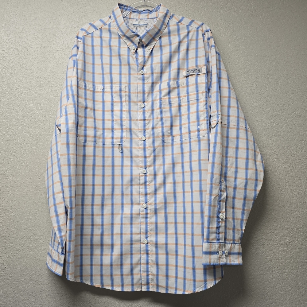 Columbia Men's PFG Blue and Orange Plaid Long Sleeve Button Down Fishing Shirt